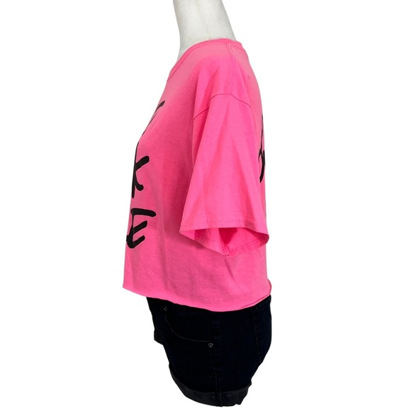 Graphic Tee THE BLACK HOLE Raw Hem Fluorescent Pink Black Medium M - Picture 11 of 12
